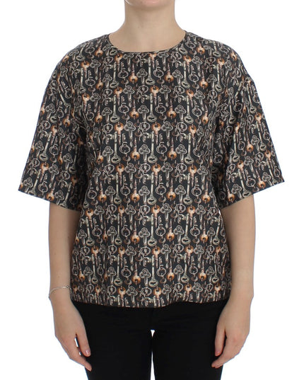 Dolce & Gabbana Gray Gold Key Print Silk Blouse T-shirt