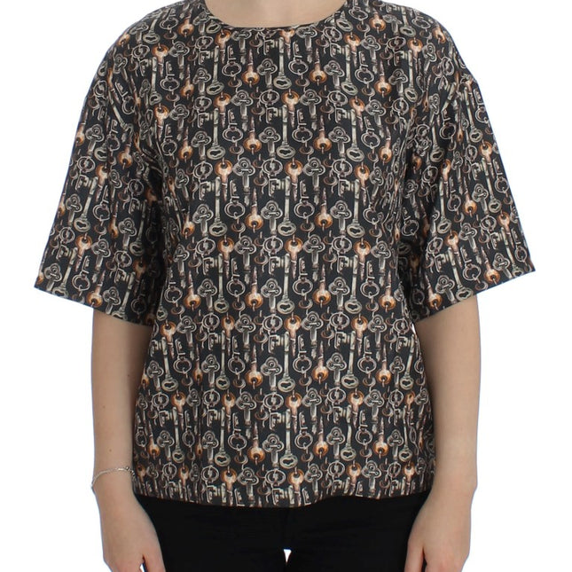 Dolce & Gabbana Gray Gold Key Print Silk Blouse T-shirt