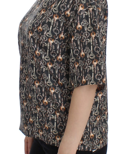Dolce & Gabbana Gray Gold Key Print Silk Blouse T-shirt