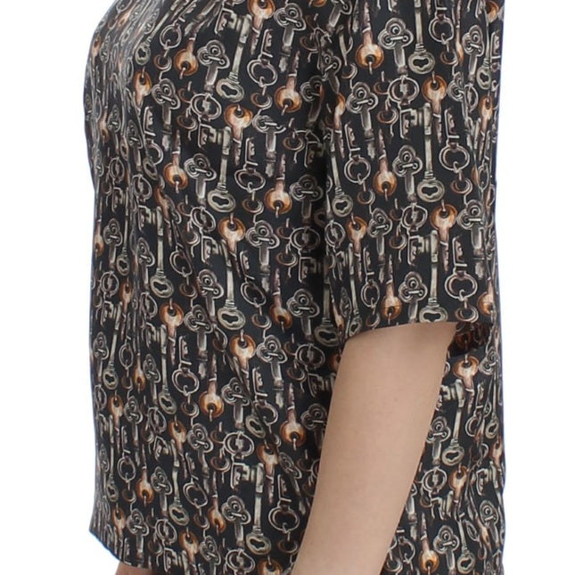 Dolce & Gabbana Gray Gold Key Print Silk Blouse T-shirt