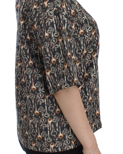 Dolce & Gabbana Gray Gold Key Print Silk Blouse T-shirt