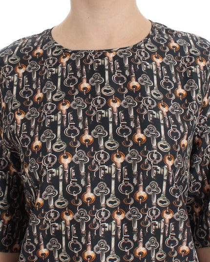 Dolce & Gabbana Gray Gold Key Print Silk Blouse T-shirt