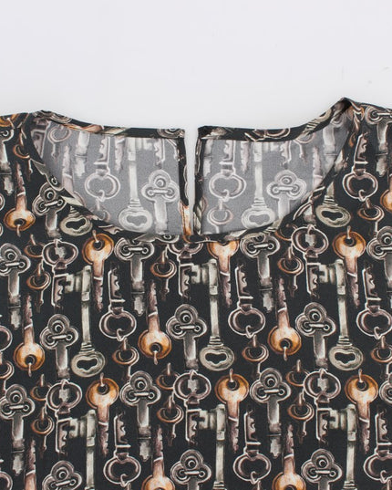 Dolce & Gabbana Gray Gold Key Print Silk Blouse T-shirt
