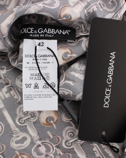 Dolce & Gabbana Gray Gold Key Print Silk Blouse T-shirt