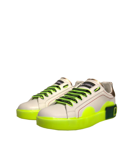 Dolce & Gabbana White Yellow Portofino Leather Sneakers Shoes