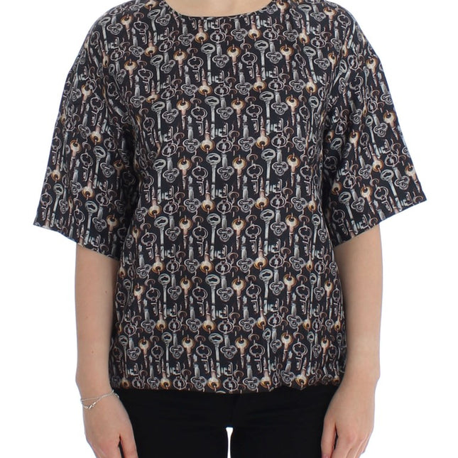 Dolce & Gabbana Gray Gold Key Print Silk Blouse T-shirt