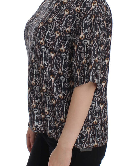 Dolce & Gabbana Gray Gold Key Print Silk Blouse T-shirt