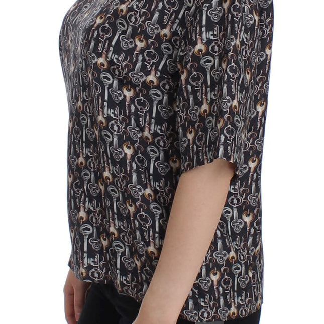Dolce & Gabbana Gray Gold Key Print Silk Blouse T-shirt