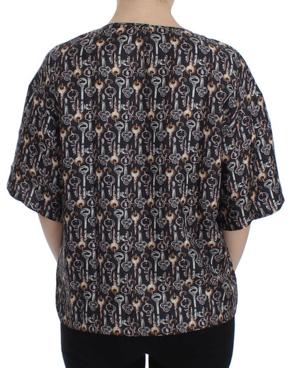 Dolce & Gabbana Gray Gold Key Print Silk Blouse T-shirt