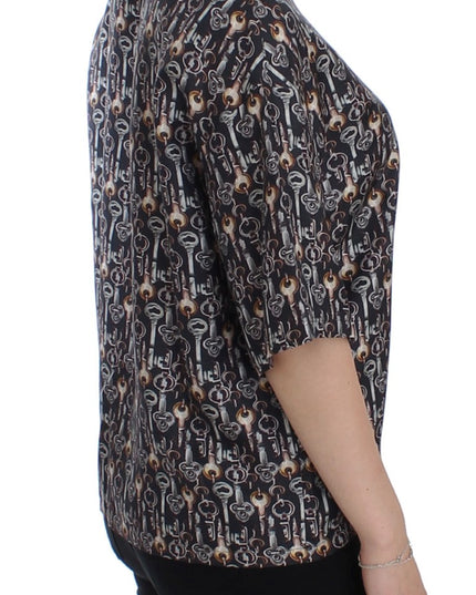 Dolce & Gabbana Gray Gold Key Print Silk Blouse T-shirt