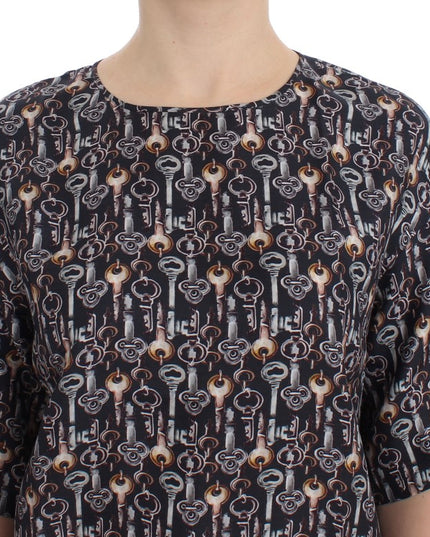 Dolce & Gabbana Gray Gold Key Print Silk Blouse T-shirt