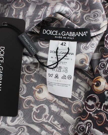 Dolce & Gabbana Gray Gold Key Print Silk Blouse T-shirt