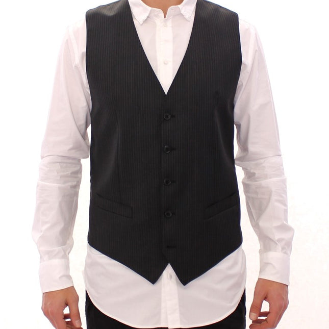 Dolce & Gabbana Gray Striped Wool Single Breasted Vest