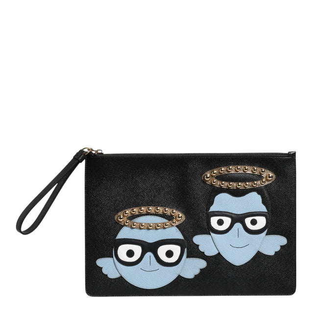 Dolce & Gabbana Black Leather #DGFAMILY Embellished Men Zip Pouch Bag
