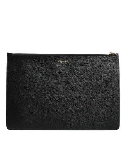Dolce & Gabbana Black Leather #DGFAMILY Embellished Men Zip Pouch Bag