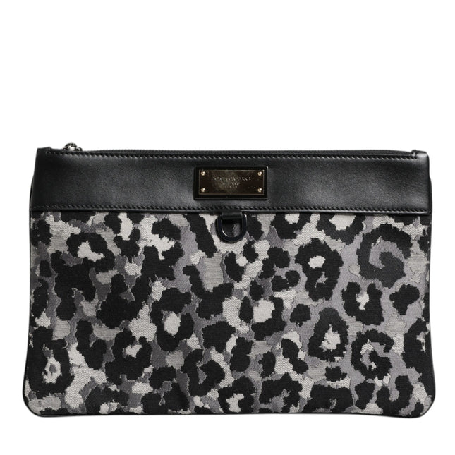 Dolce & Gabbana Multicolor Leopard Jacquard Logo Plaque Men Pouch Bag