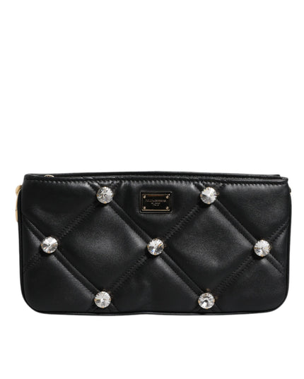 Dolce & Gabbana Black Leather Crystal Embellished Logo Shoulder Bag