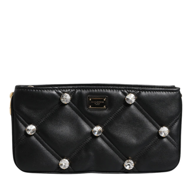 Dolce & Gabbana Black Leather Crystal Embellished Logo Shoulder Bag