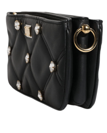 Dolce & Gabbana Black Leather Crystal Embellished Logo Shoulder Bag