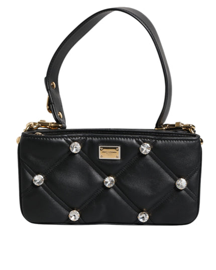 Dolce & Gabbana Black Leather Crystal Embellished Logo Shoulder Bag