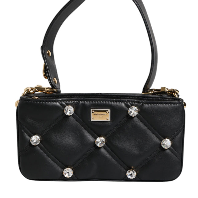 Dolce & Gabbana Black Leather Crystal Embellished Logo Shoulder Bag