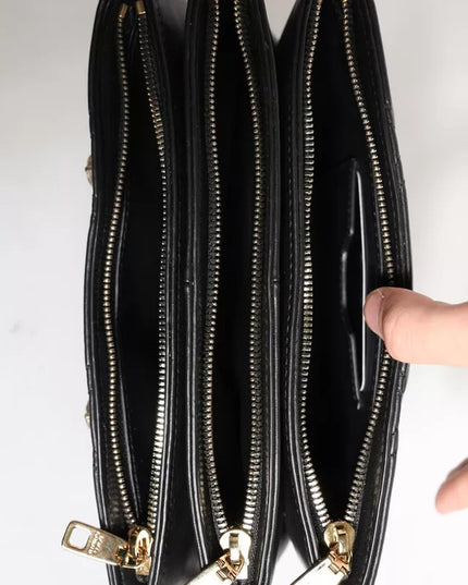 Dolce & Gabbana Black Leather Crystal Embellished Logo Shoulder Bag