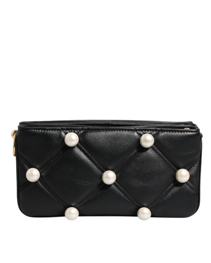 Dolce & Gabbana Black Leather Pearl Embellished Logo Shoulder Bag