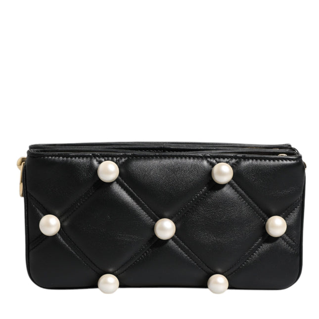 Dolce & Gabbana Black Leather Pearl Embellished Logo Shoulder Bag