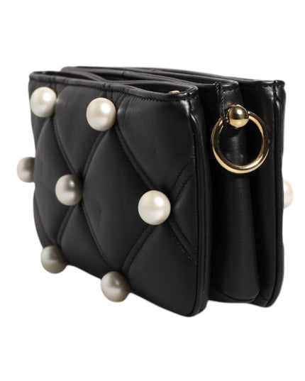 Dolce & Gabbana Black Leather Pearl Embellished Logo Shoulder Bag