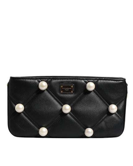 Dolce & Gabbana Black Leather Pearl Embellished Logo Shoulder Bag