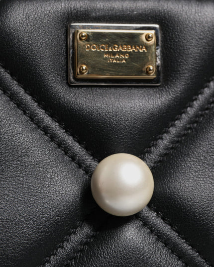 Dolce & Gabbana Black Leather Pearl Embellished Logo Shoulder Bag