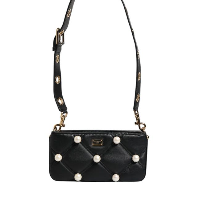 Dolce & Gabbana Black Leather Pearl Embellished Logo Shoulder Bag