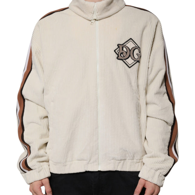 Dolce & Gabbana Beige Logo Applique Cotton Corduroy Full Zip Jacket
