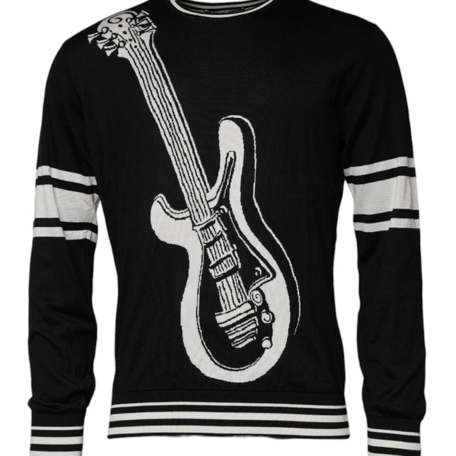Dolce & Gabbana Black White Guitar Silk Crew Neck Sweater
