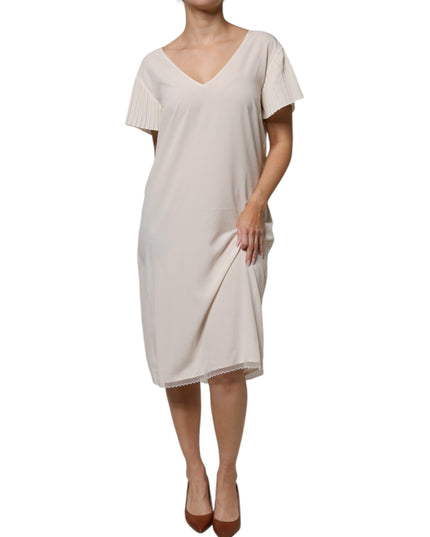Peserico Off White Short Sleeves V-neck Shift Midi Dress