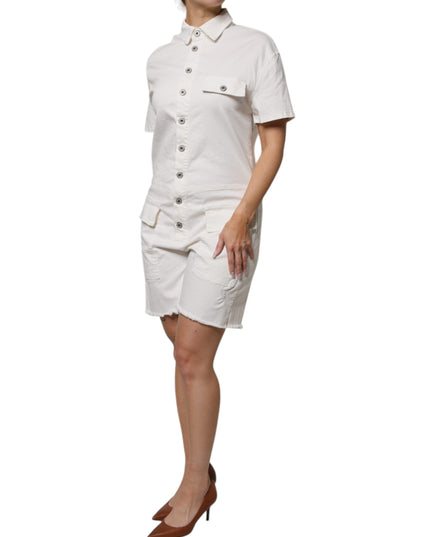 Please White Cotton Short Sleeves Button Down Romper Dress