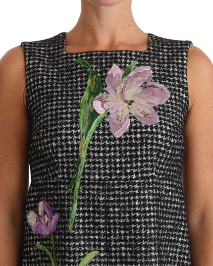 Dolce & Gabbana Gray Houndstooth Floral Appliqué Shift Mini Dress