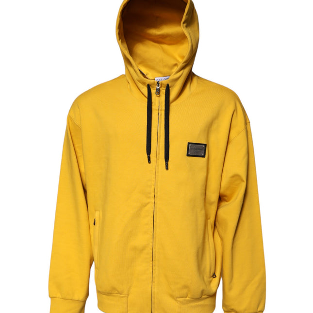 Dolce & Gabbana Yellow Logo Plaque Hooded Full Zip Sweater
