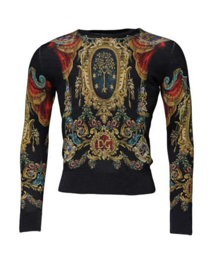 Dolce & Gabbana Black Heraldic DG Silk Round Neck Pullover Sweater