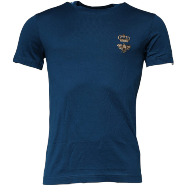 Dolce & Gabbana Blue Crown Bee Cotton Men Crew Neck T-shirt