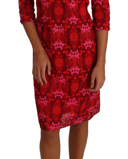 Dolce & Gabbana Floral Crochet Lace Red Pink Sheath Dress