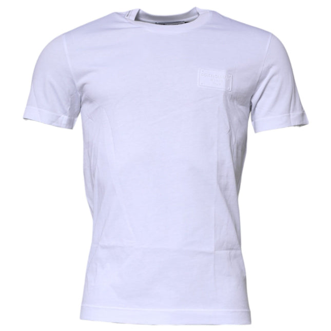 Dolce & Gabbana White Logo Plaque Cotton Crew Neck T-shirt