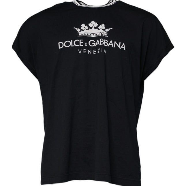 Dolce & Gabbana Dark Blue Logo Crown Cotton Crew Neck T-shirt