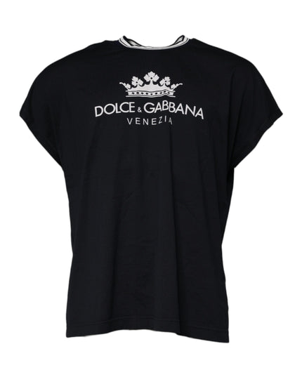 Dolce & Gabbana Dark Blue Logo Crown Cotton Crew Neck T-shirt