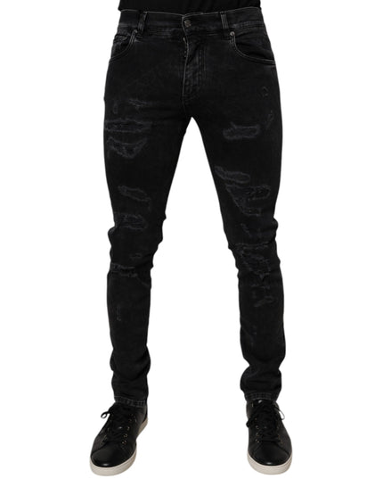 Dolce & Gabbana Black Tattered Cotton Skinny Men Denim Jeans