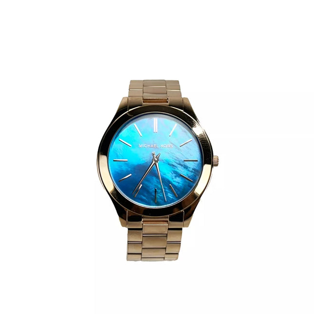 Michael Kors Slim Runway Stainless Steel Watch MK3494 Ocean Blue Gold NO BOX