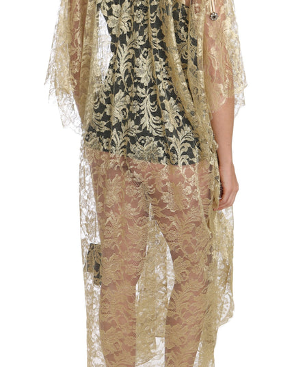 Dolce & Gabbana Gold Floral Lace Crystal Gown Cape Dress
