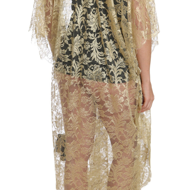 Dolce & Gabbana Gold Floral Lace Crystal Gown Cape Dress