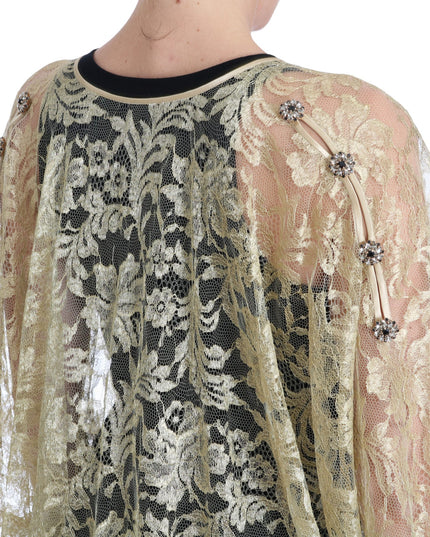 Dolce & Gabbana Gold Floral Lace Crystal Gown Cape Dress