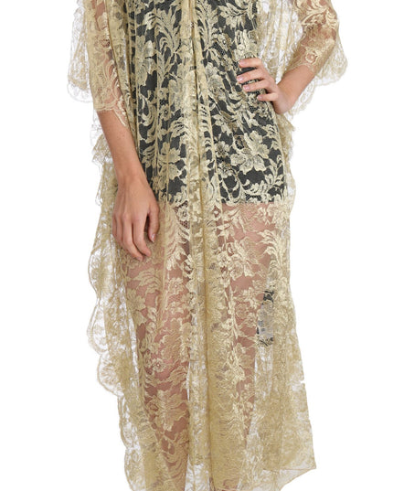 Dolce & Gabbana Gold Floral Lace Crystal Gown Cape Dress
